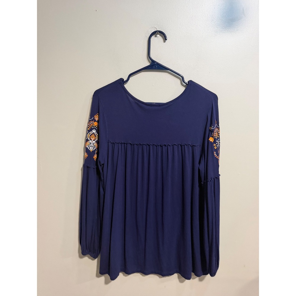 Lee Womens Navy Blue Embroidered Long Sleeve Boho V-Neck Blouse Small - Picture 5 of 9